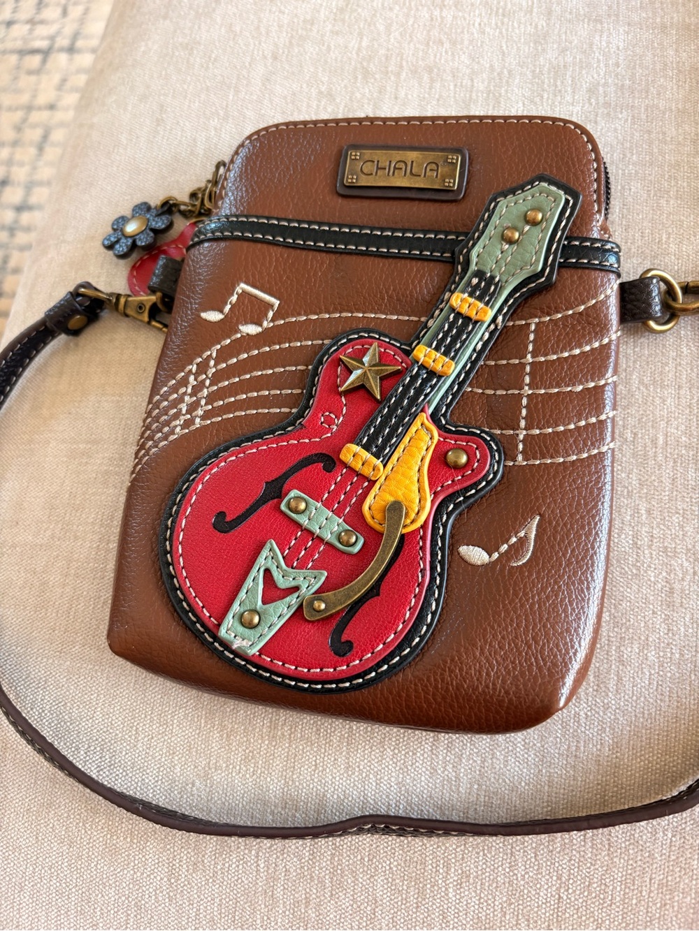 Chala Brown Mini Crossbody with Red Guitar Applique